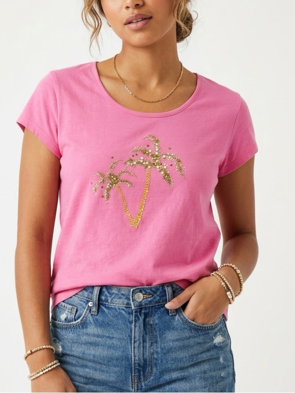 PINK K Palm Tree Graphic Tee Shirt Rhinestone Embellished Tropical Casual XL - Picture 6 of 6